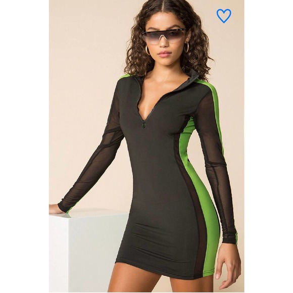 superdown Dresses & Skirts - Superdown Mesh Long Sleeve 1/4 Zip Bodycon Mini Dress Black Green Womens Small